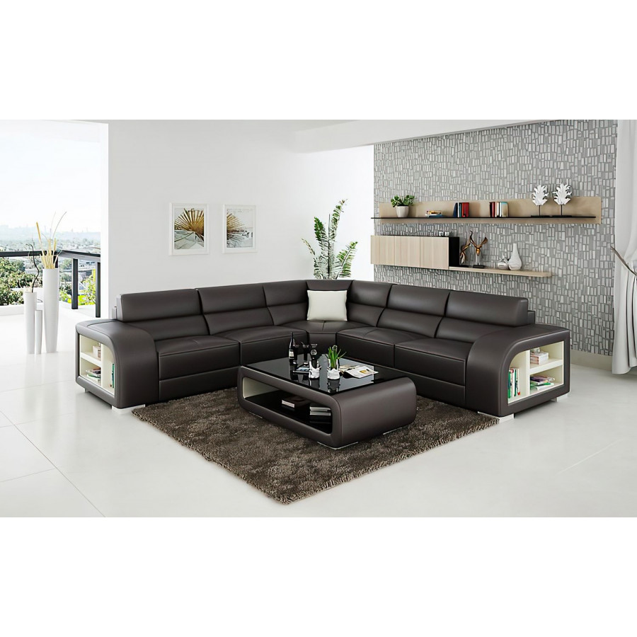 Jubilee Poris Modern Sectional - Dark Brown/White, Bonded Leather