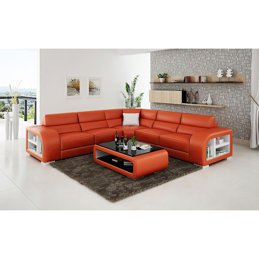 Jubilee Poris Modern Sectional - Orange/White, Bonded Leather