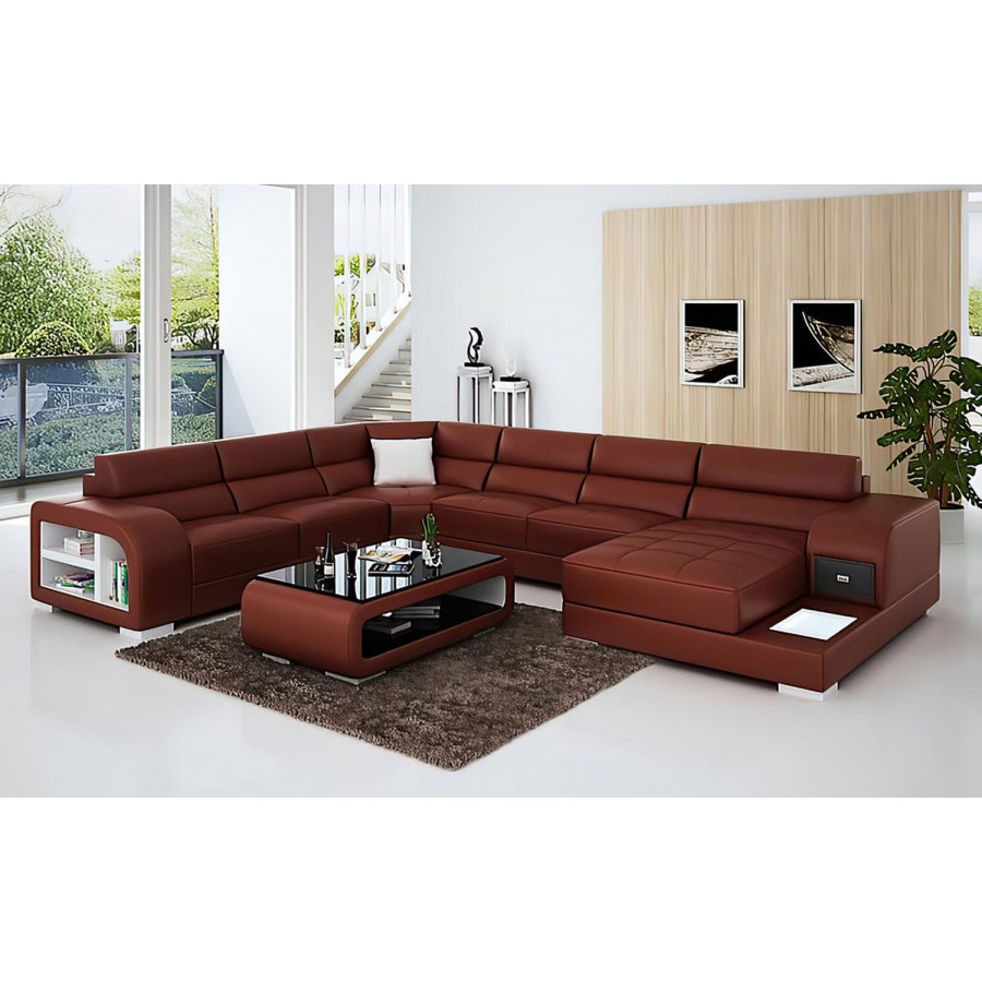 Jubilee Poris Modern U-Shape Left Hand Facing Sectional with Led - Brown/White, Top Grain Italian Leather