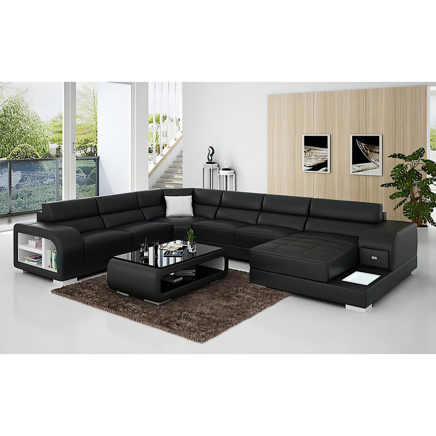 Jubilee Poris Modern U-Shape Left Hand Facing Sectional with Led - Black/White, Top Grain Italian Leather