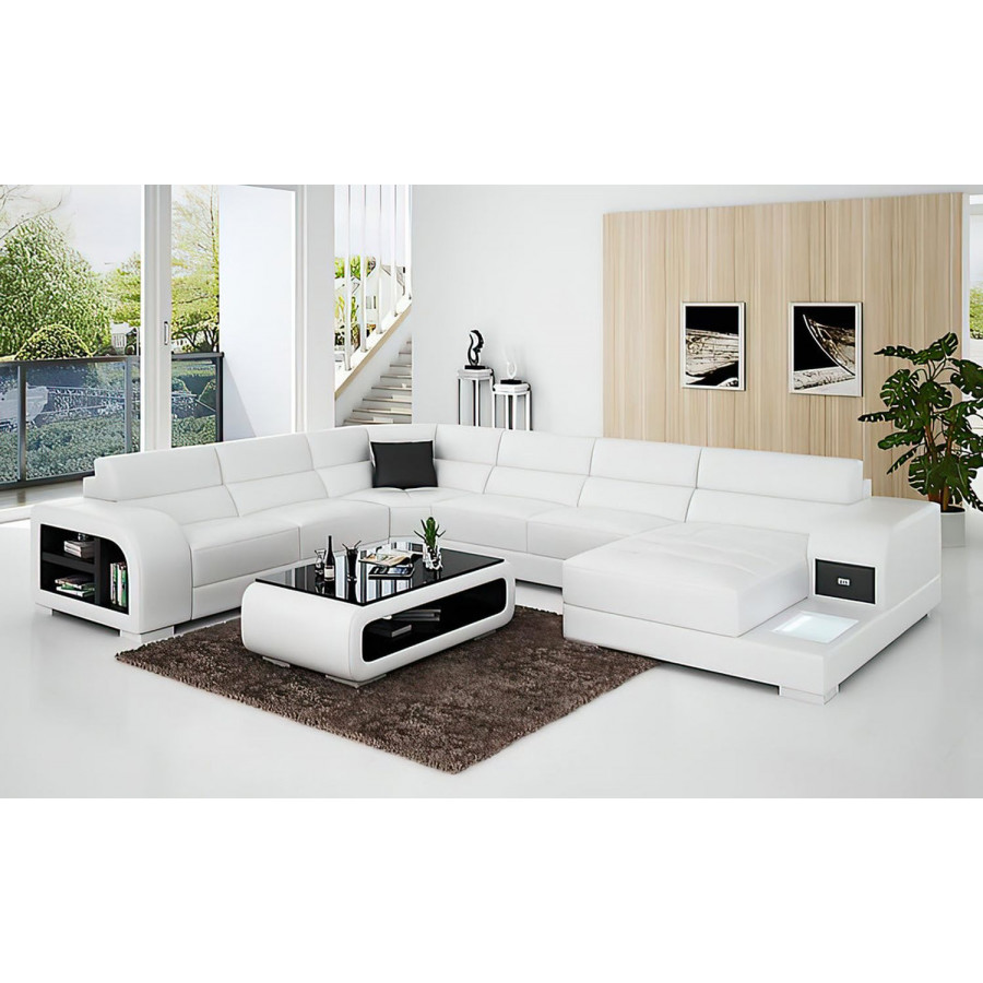 Jubilee Poris Modern U-Shape Left Hand Facing Sectional with Led - White/Black, Top Grain Italian Leather