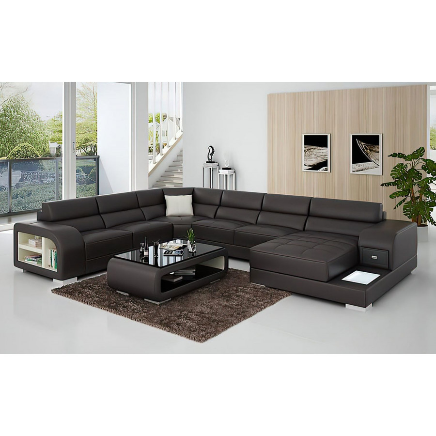 Jubilee Poris Modern U-Shape Left Hand Facing Sectional with Led - Dark Brown/White, Top Grain Italian Leather