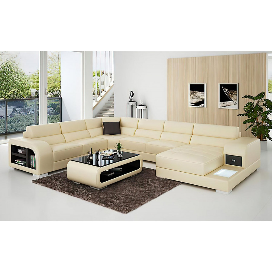 Jubilee Poris Modern U-Shape Right Hand Facing Sectional with Led - Beige/Dark Brown, Top Grain Italian Leather