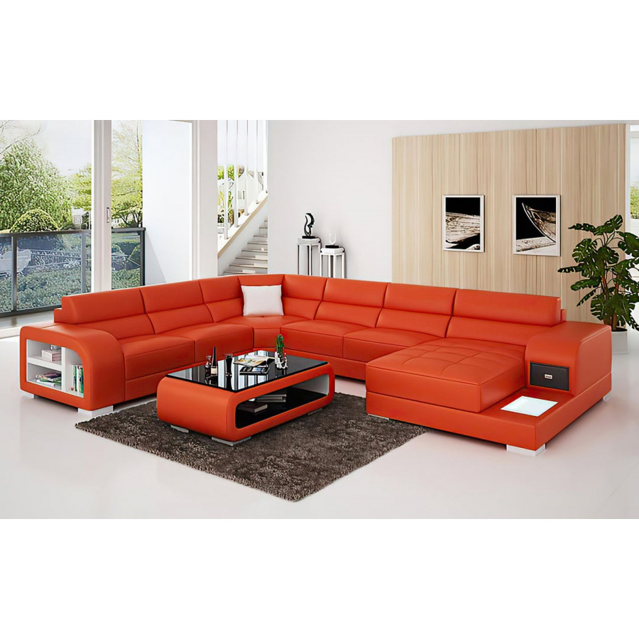 Jubilee Poris Modern U-Shape Left Hand Facing Sectional with Led - Orange/White, Top Grain Italian Leather