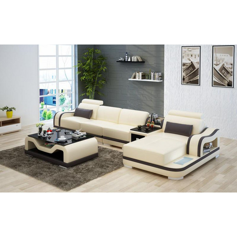 Jubilee Asland Small Modern Right Hand Facing Sectional - Beige/Dark Brown, Bonded Leather