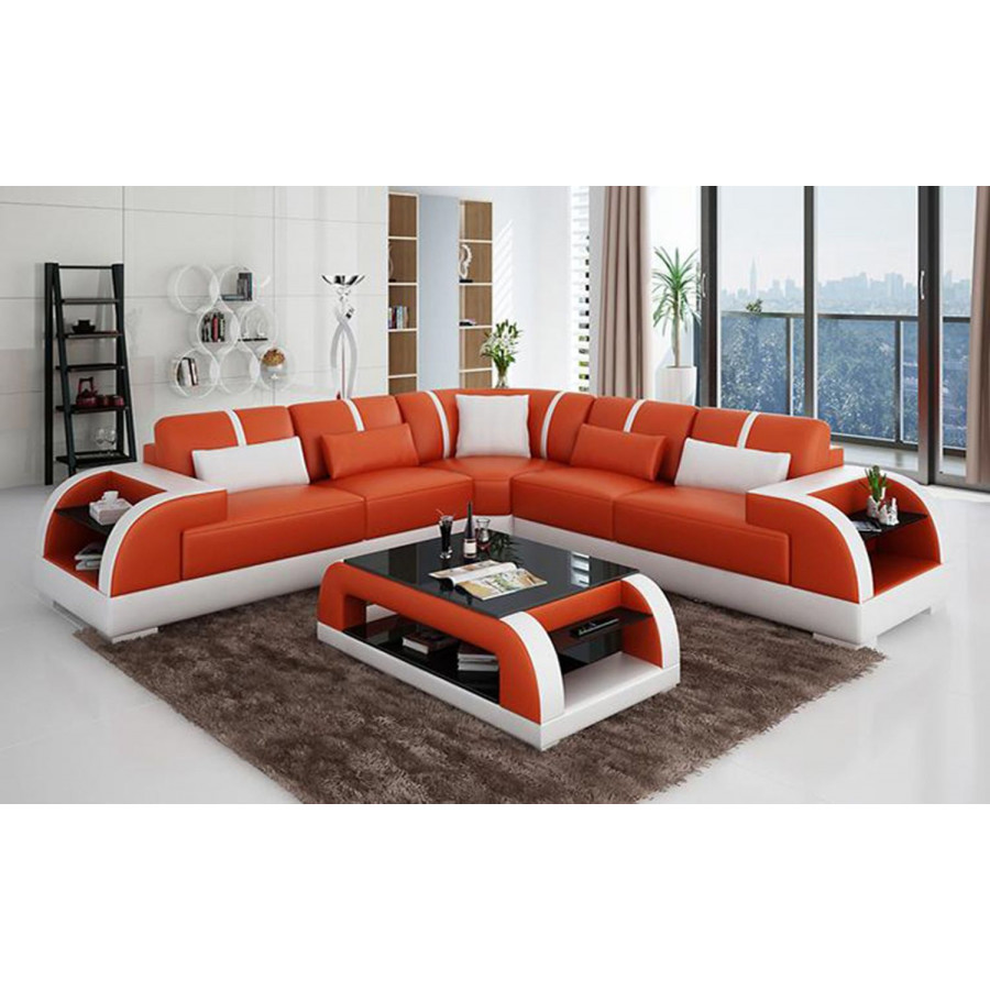 Jubilee Syras Large Modern Sectional - Orange/White, Bonded Leather