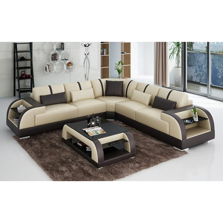 Jubilee Syras Large Modern Sectional - Dark Brown/Beige, Top Grain Italian Leather