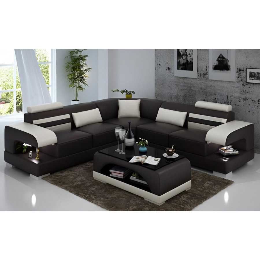 Jubilee Eleese Modern Sectional with Led - Dark Brown/White, Bonded Leather