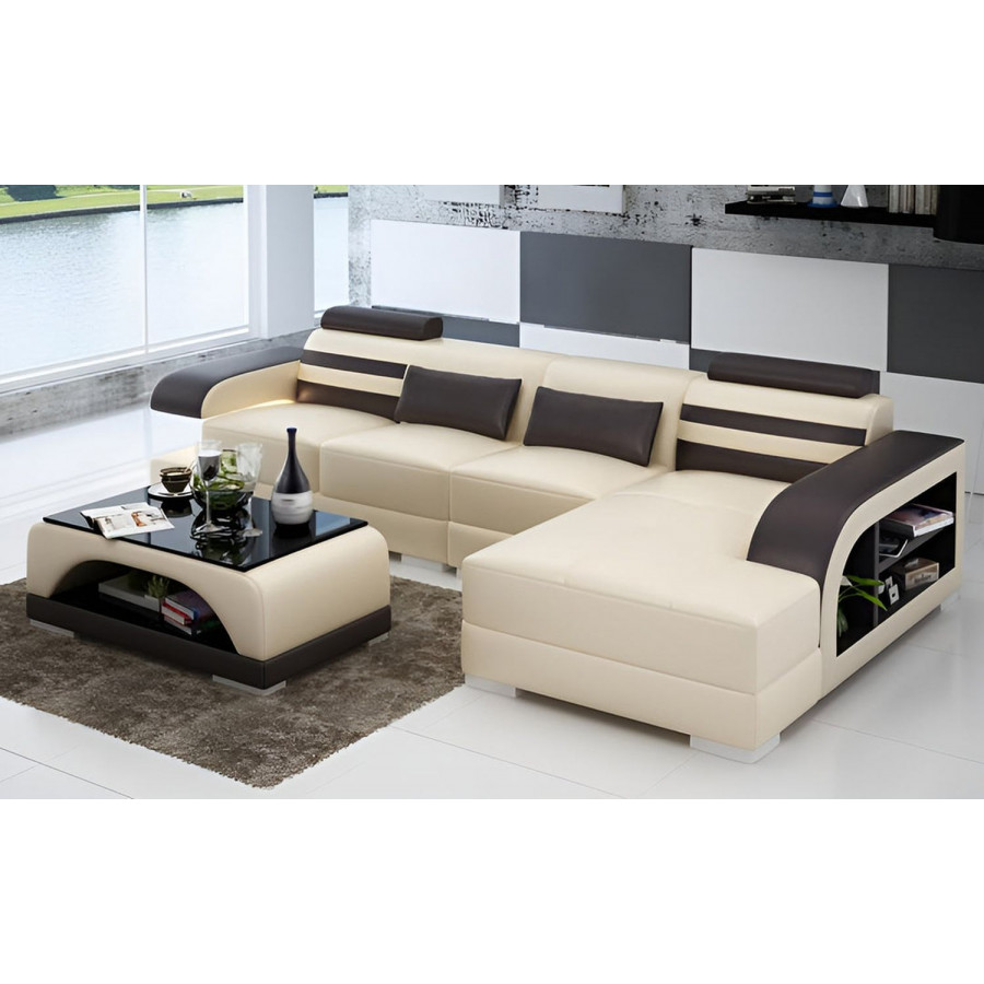 Jubilee Eleese Small Modern Left Hand Facing Sectional - Beige/Dark Brown, Top Grain Italian Leather