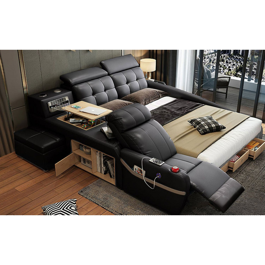 Jubilee Monica Multifunctional Smart Queen Size Right Hand Facing Bed - Black, Bonded Leather