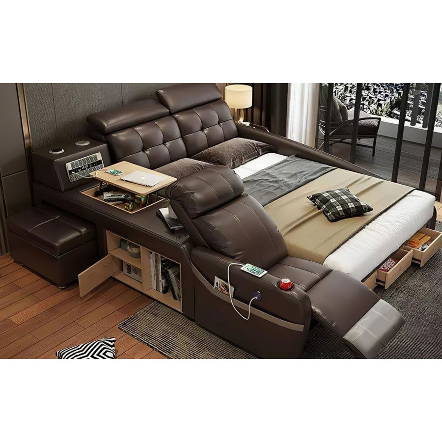 Jubilee Monica Multifunctional Smart Queen Size Right Hand Facing Bed - Dark Brown, Bonded Leather