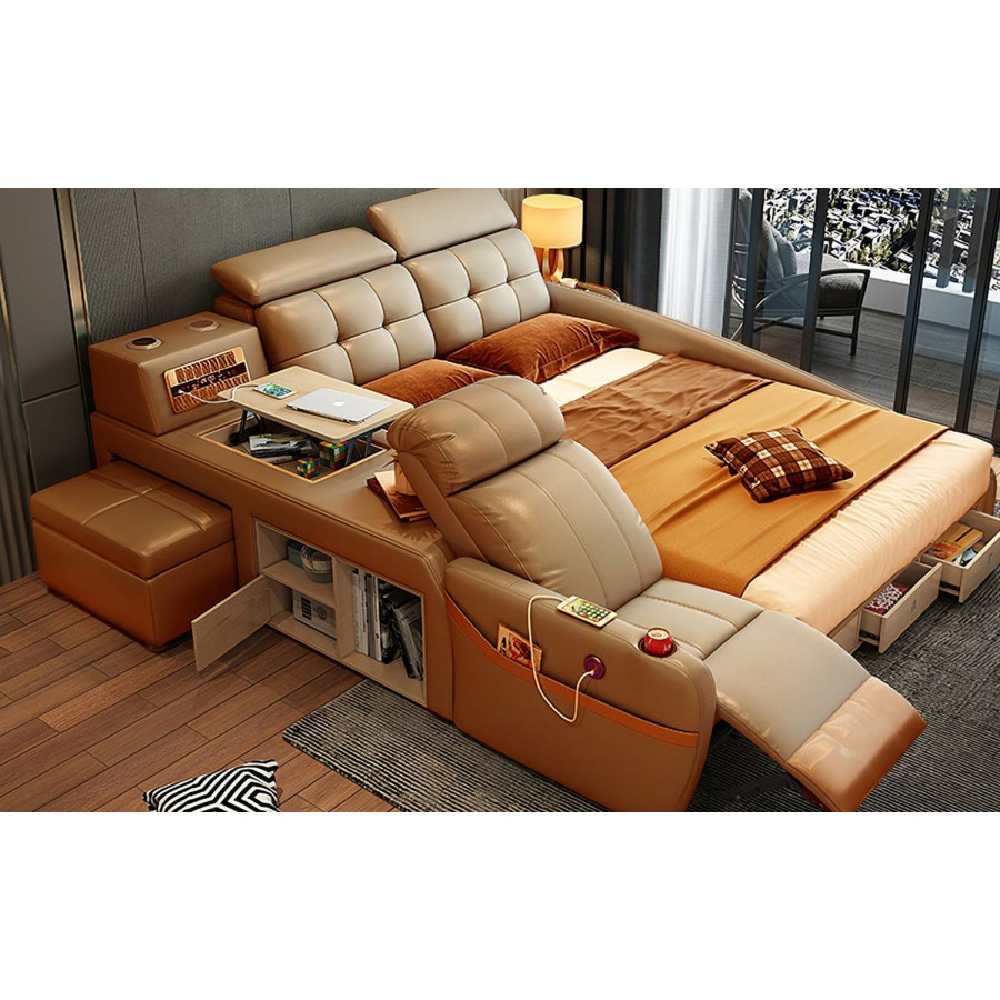 Jubilee Monica Multifunctional Smart Queen Size Right Hand Facing Bed - Brown, Bonded Leather