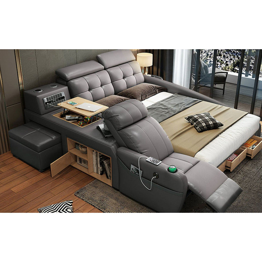 Jubilee Monica Multifunctional Smart Queen Size Right Hand Facing Bed - Gray, Bonded Leather