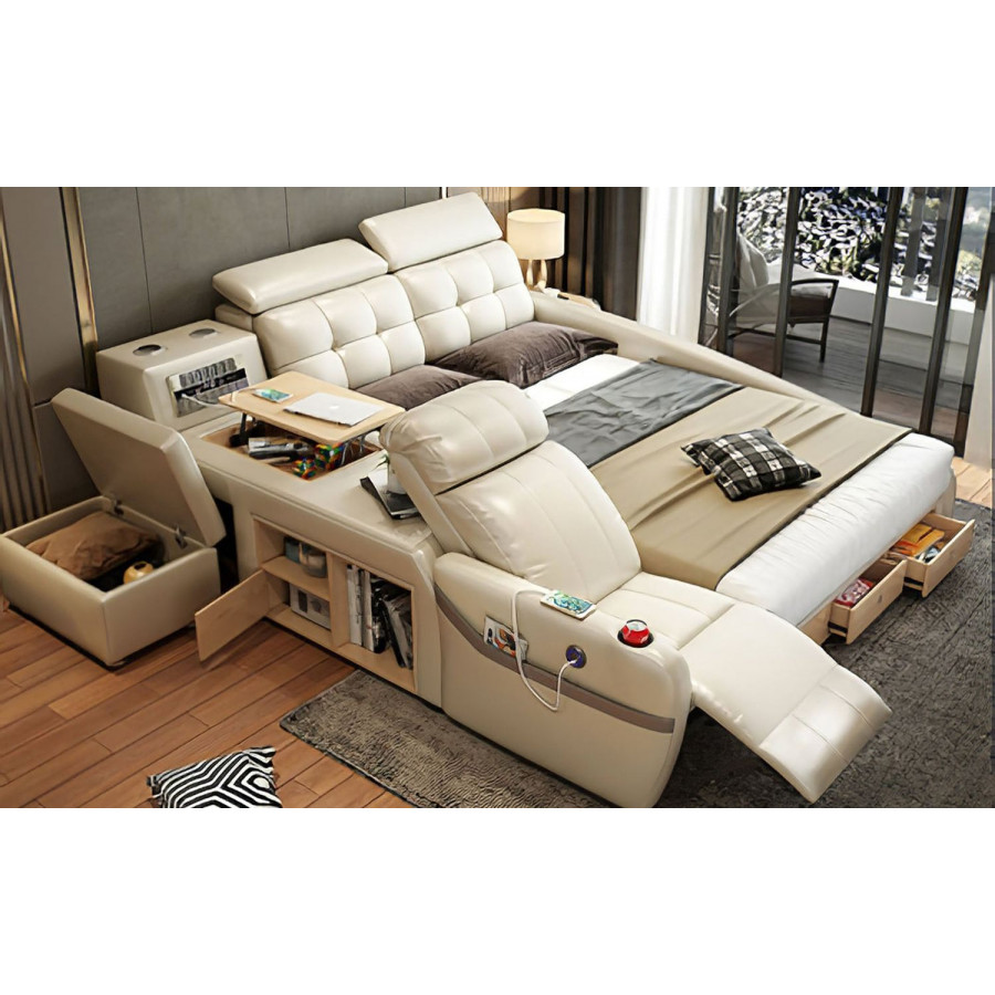 Jubilee Monica Multifunctional Smart King Size Left Hand Facing Bed - Beige, Bonded Leather