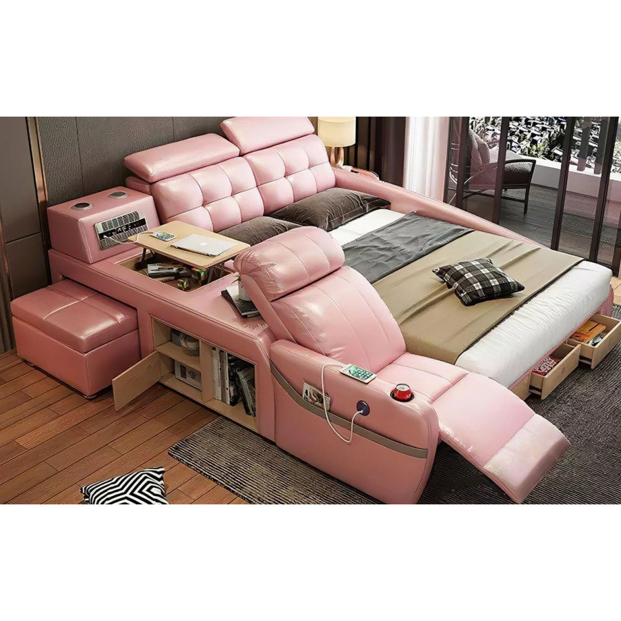 Jubilee Monica Multifunctional Smart King Size Right Hand Facing Bed - Pink, Bonded Leather
