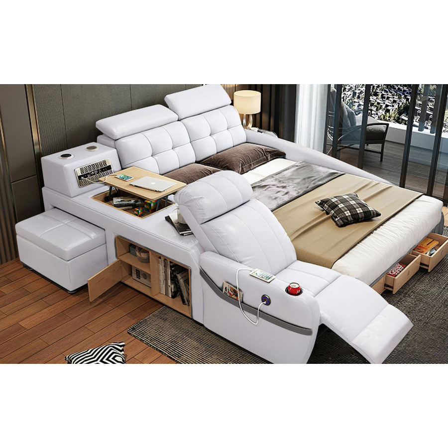 Jubilee Monica Multifunctional Smart King Size Right Hand Facing Bed - White, Bonded Leather