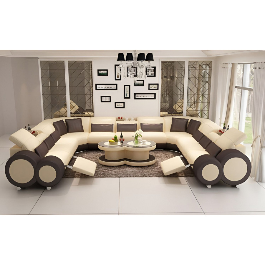 Jubilee Aetius Xl Modern U-Shape Sectional with Recliner - Beige/Dark Brown, Bonded Leather