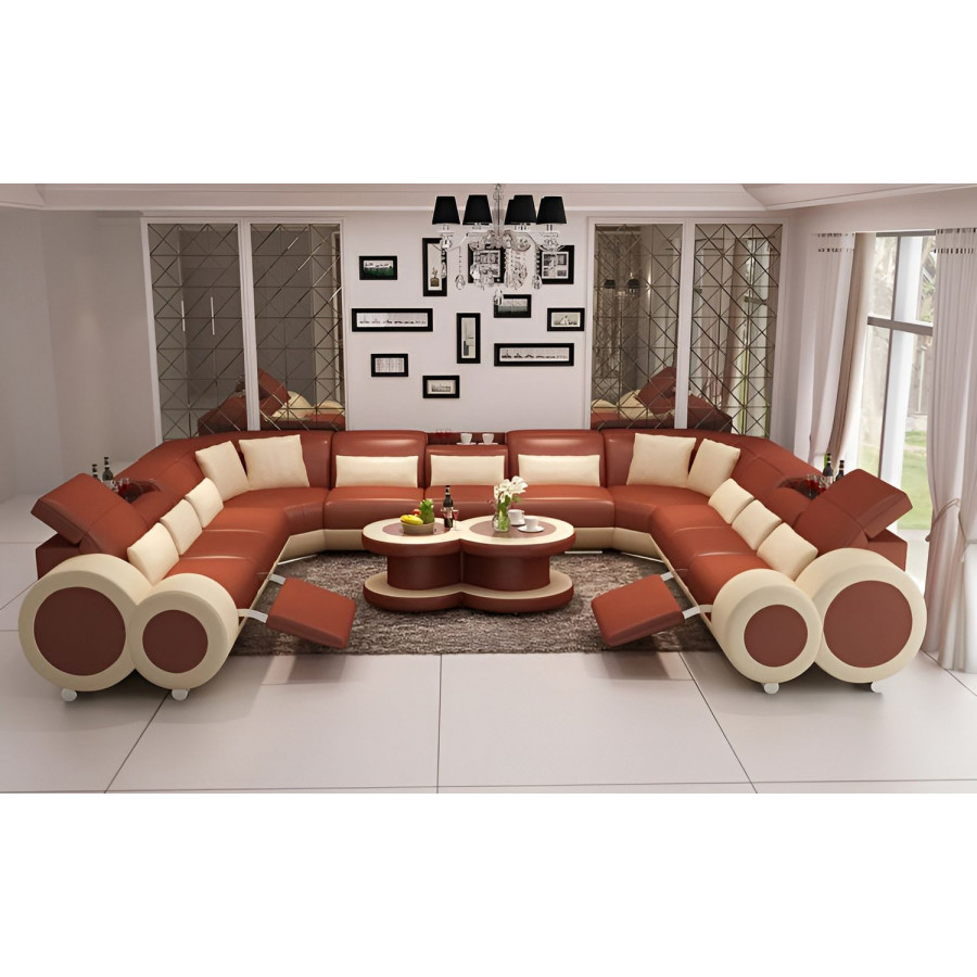 Jubilee Aetius Xl Modern U-Shape Sectional with Recliner - Brown/Beige, Bonded Leather