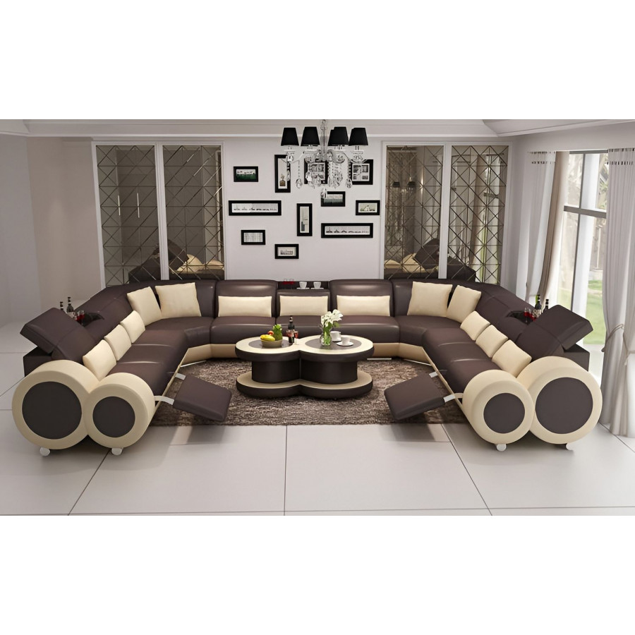Jubilee Aetius Xl Modern U-Shape Sectional with Recliner - Dark Brown/Beige, Top Grain Italian Leather