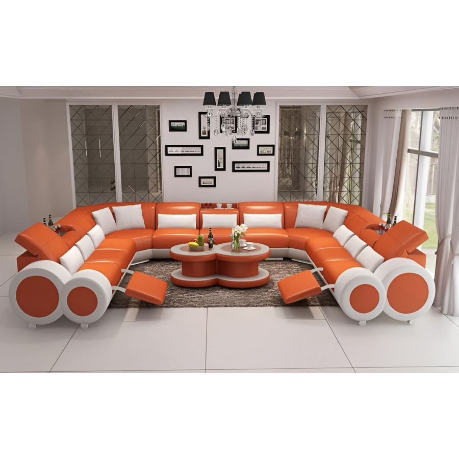 Jubilee Aetius Xl Modern U-Shape Sectional with Recliner - Orange/White, Bonded Leather