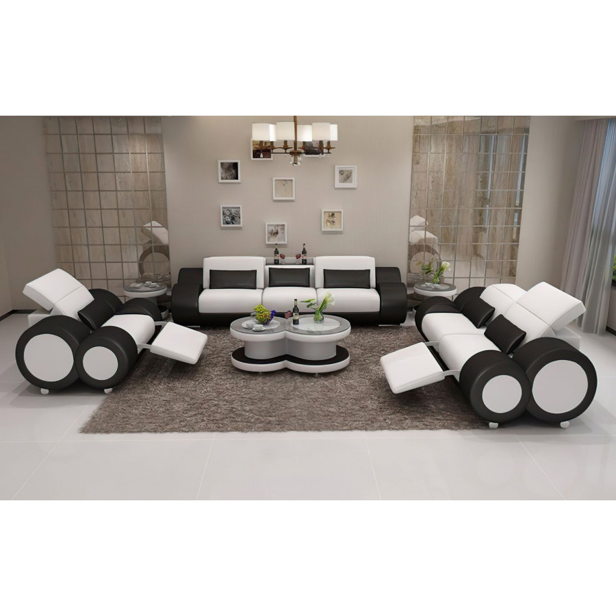 Jubilee Aetius Modern Sofa Set with Recliner - White/Black, Bonded Leather