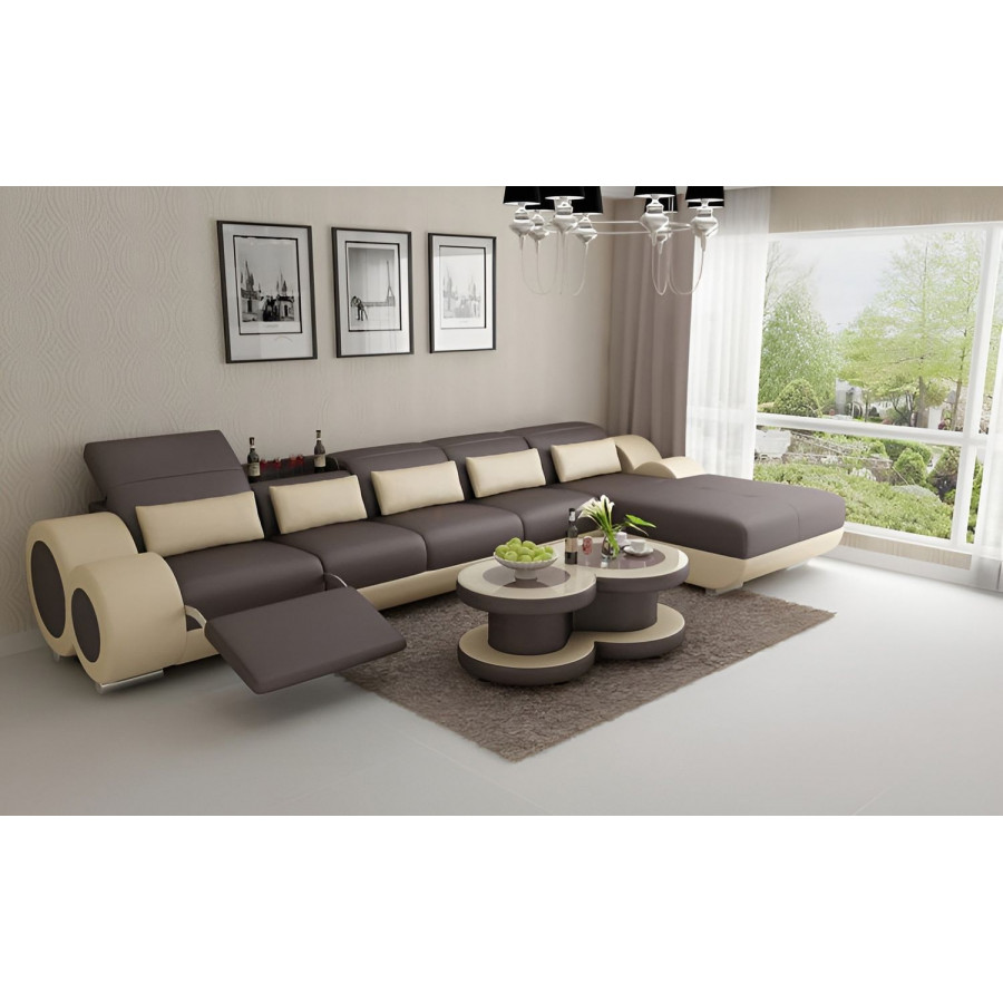 Jubilee Aetius Small Modern Right Hand Facing Sectional with Recliner - Dark Brown/Beige, Bonded Leather
