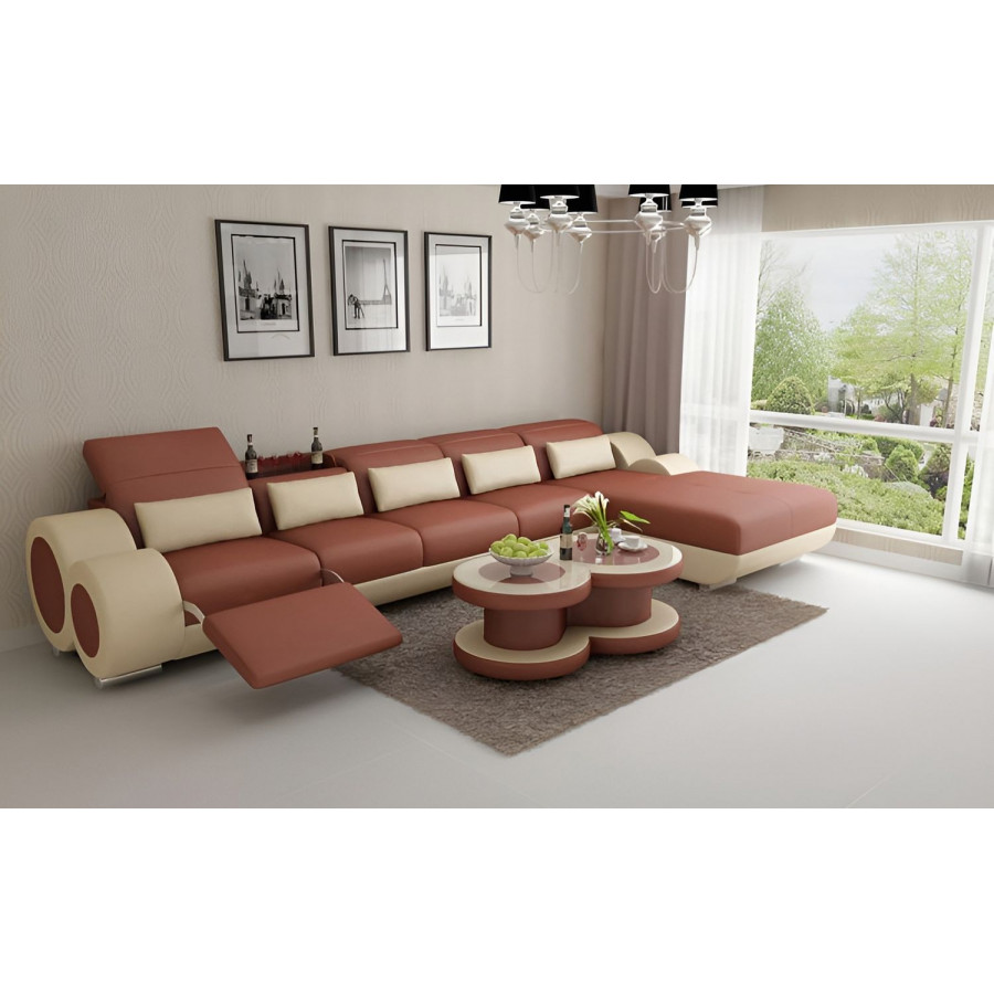 Jubilee Aetius Small Modern Right Hand Facing Sectional with Recliner - Brown/Beige, Bonded Leather
