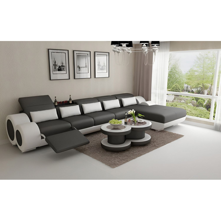 Jubilee Aetius Small Modern Right Hand Facing Sectional with Recliner - Black/White, Bonded Leather