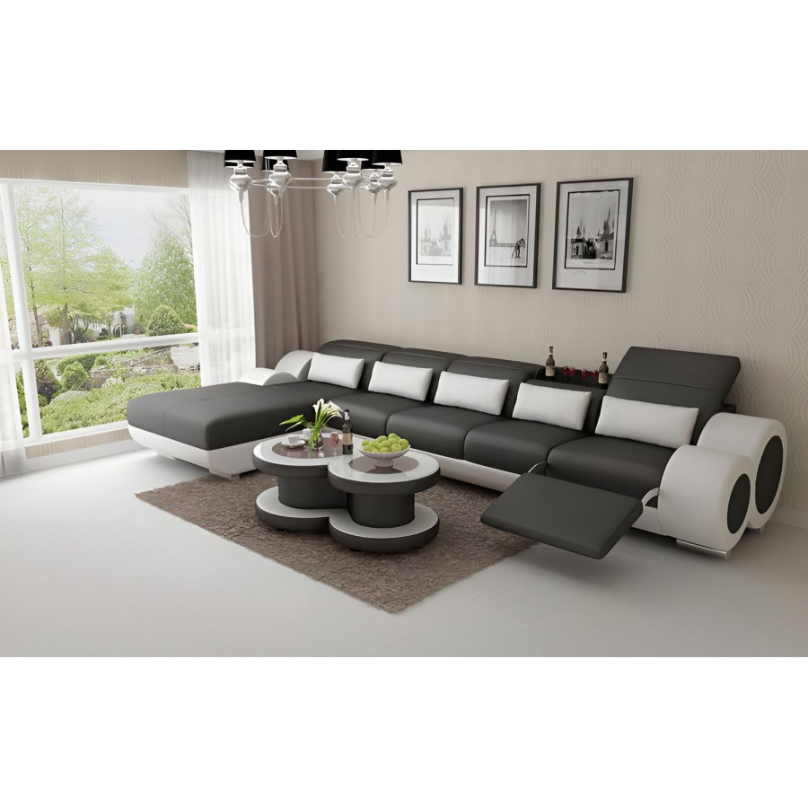 Jubilee Aetius Small Modern Left Hand Facing Sectional with Recliner - Black/White, Top Grain Italian Leather