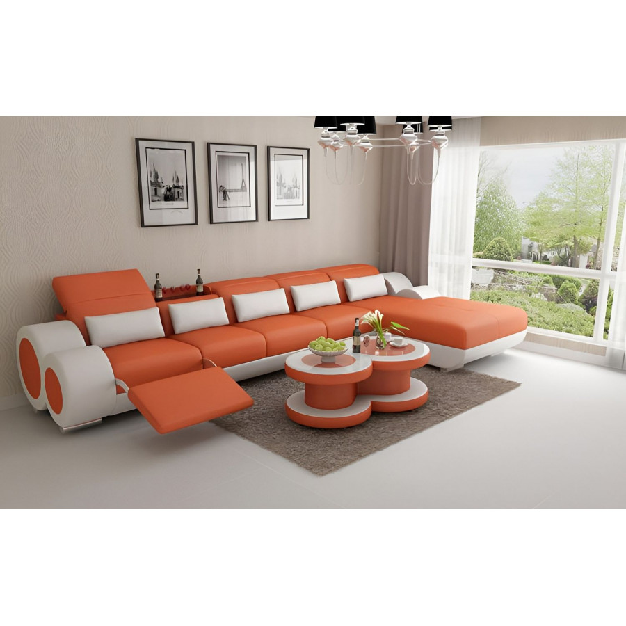 Jubilee Aetius Small Modern Right Hand Facing Sectional with Recliner - Orange/White, Bonded Leather