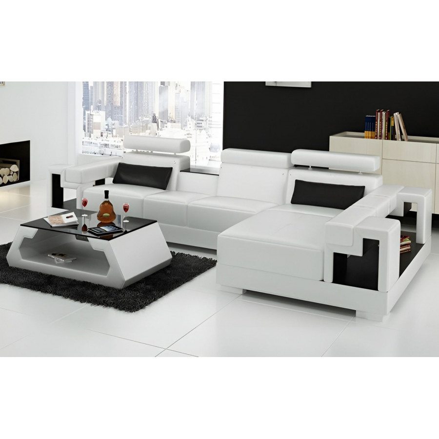 Jubilee Uri Small Modern Left Hand Facing Sectional - White/Black, Top Grain Italian Leather