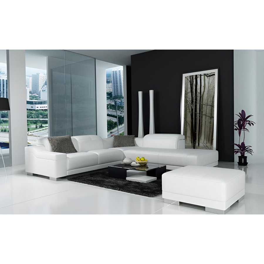 Jubilee Everlin Small Modern Right Hand Facing Sectional with Ottoman - White, Bonded Leather