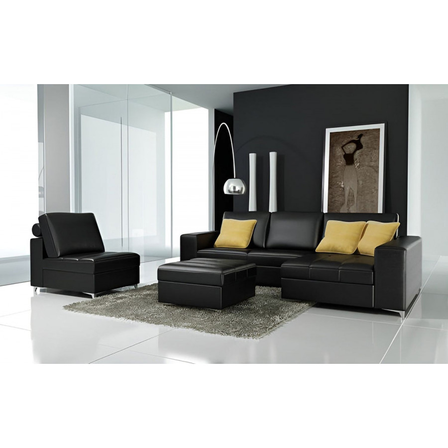 Jubilee Freya Small Modern Right Hand Facing Sectional with Ottoman - Black, Bonded Leather