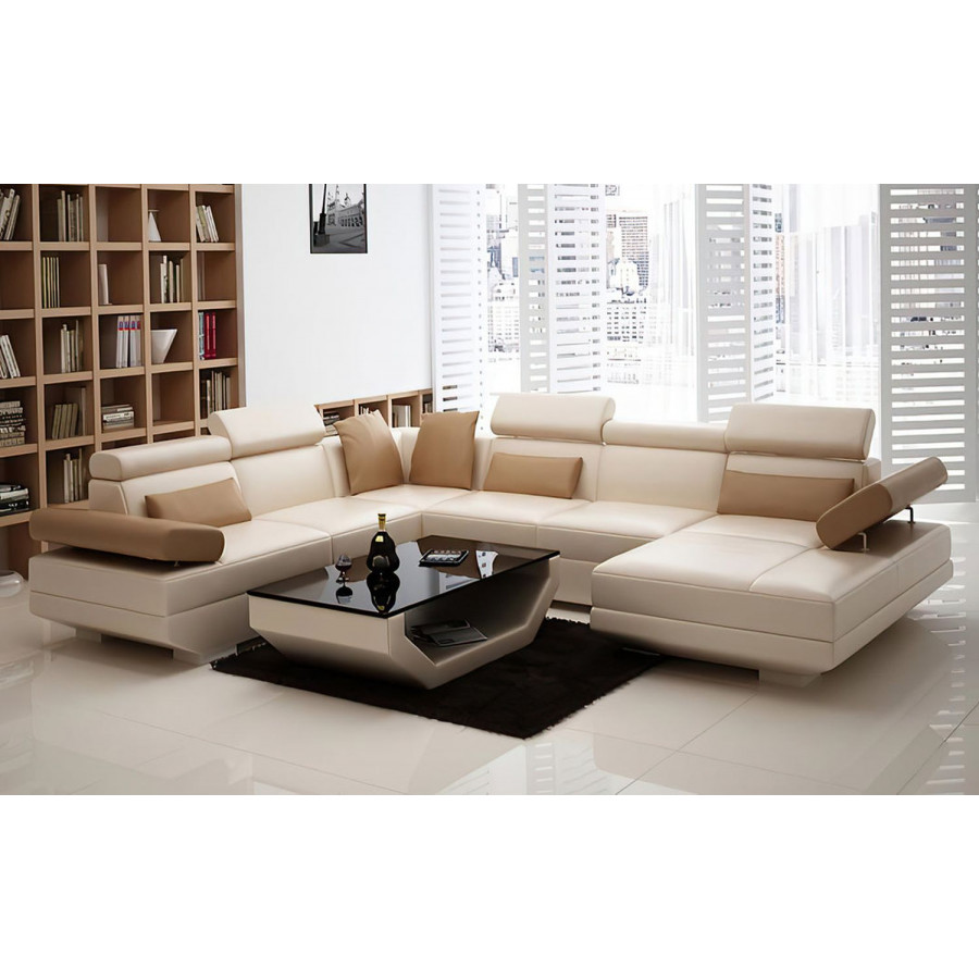 Jubilee Merdell Modern U-Shape Right Hand Facing Sectional - Beige/Coffee, Top Grain Italian Leather