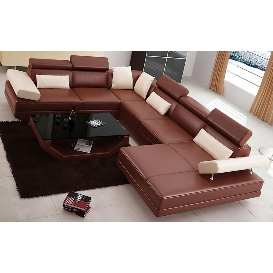 Jubilee Merdell Modern U-Shape Left Hand Facing Sectional - Brown/Beige, Top Grain Italian Leather