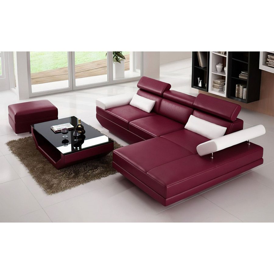 Jubilee Merdell Mini Modern Right Hand Facing Sectional with Chaise - Dark Red/White, Bonded Leather