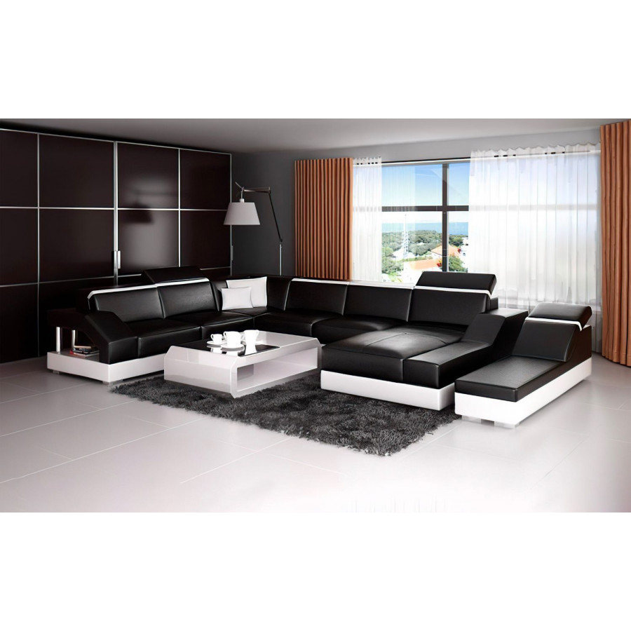 Jubilee Sadie Modern U-Shape Left Hand Facing Sectional with Side Chaise - Black/White, Top Grain Italian Leather