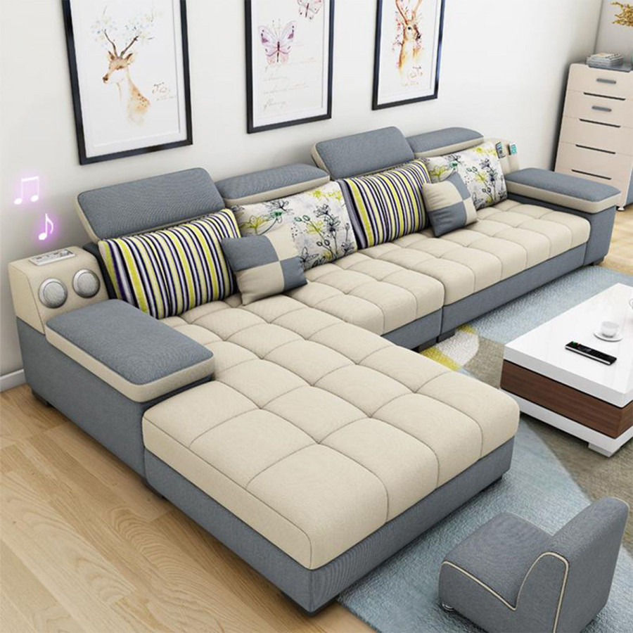 Jubilee Selena Small Modular Tufted Sectional - Cream/Blue, Top Grain Italian Leather