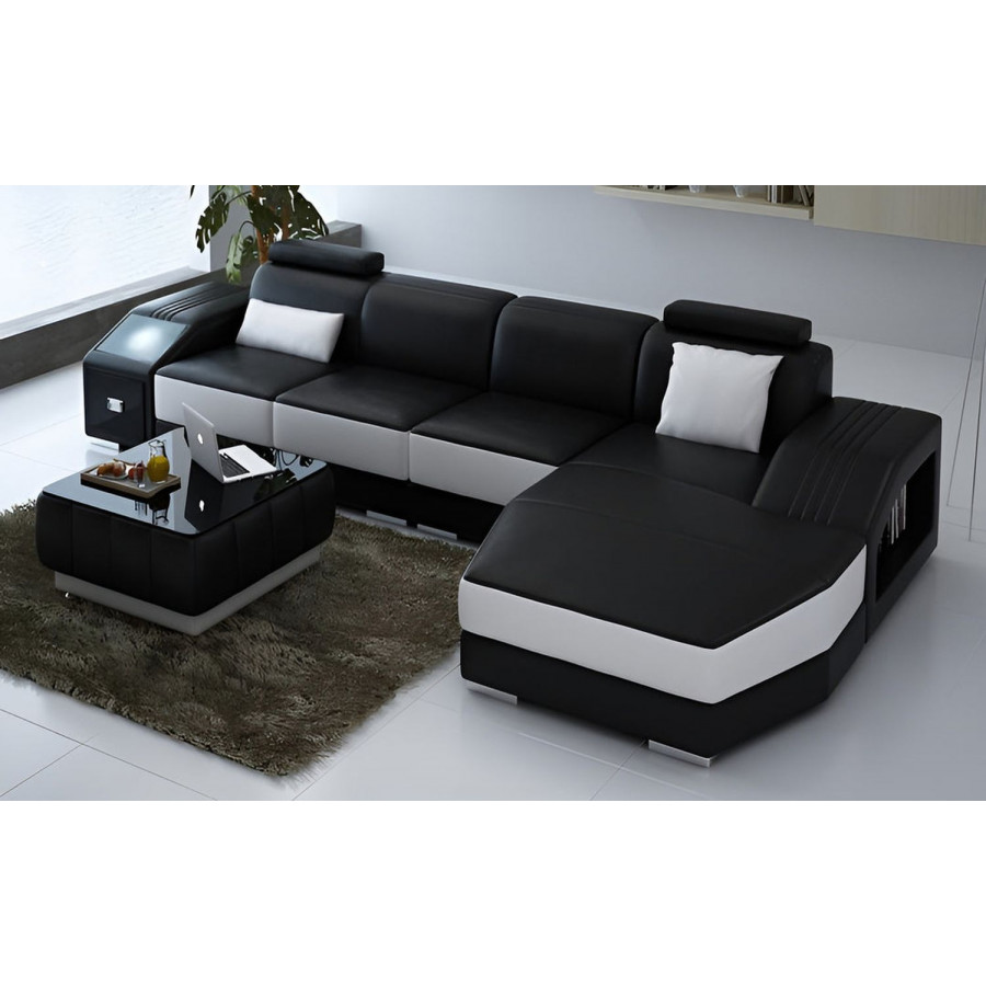 Jubilee Baiae Small Modern Left Hand Facing Sectional - Black/White, Top Grain Italian Leather