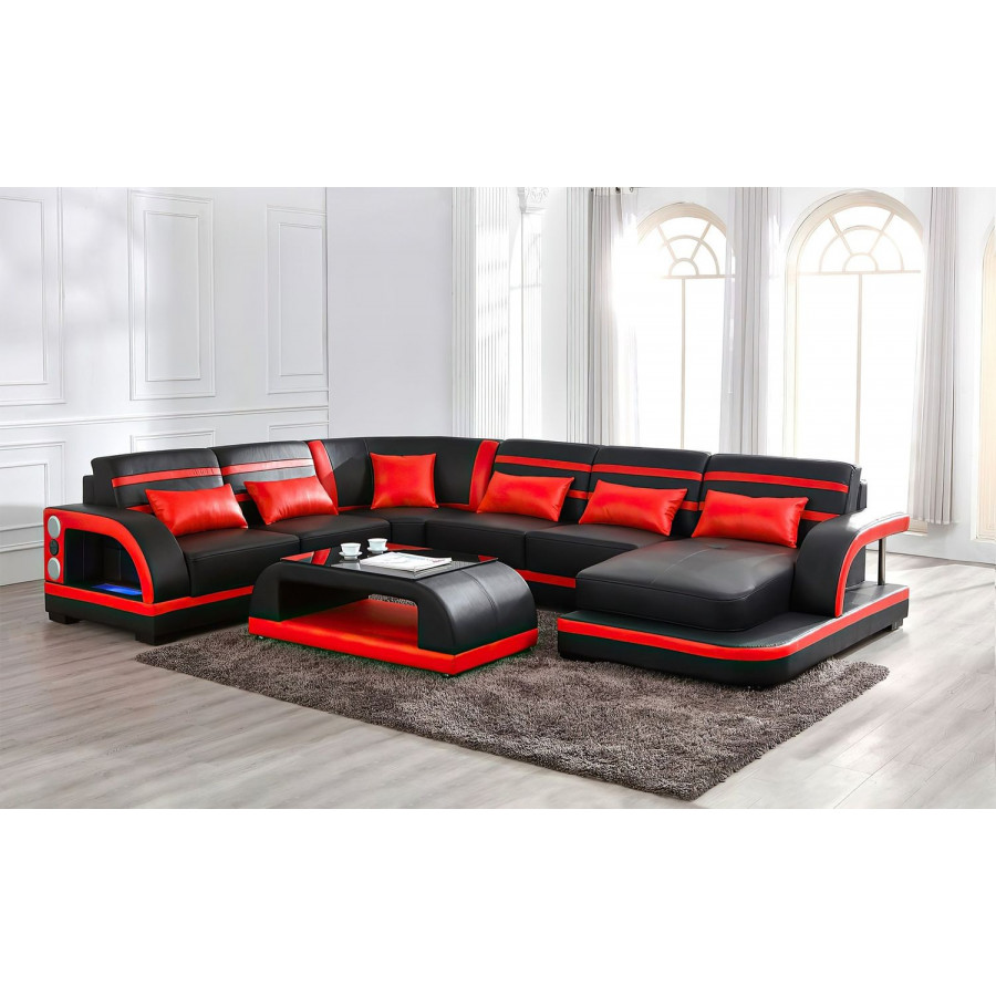 Jubilee Grando Modern Right Hand Facing Sectional with Leds - Black/Red, Top Grain Leather