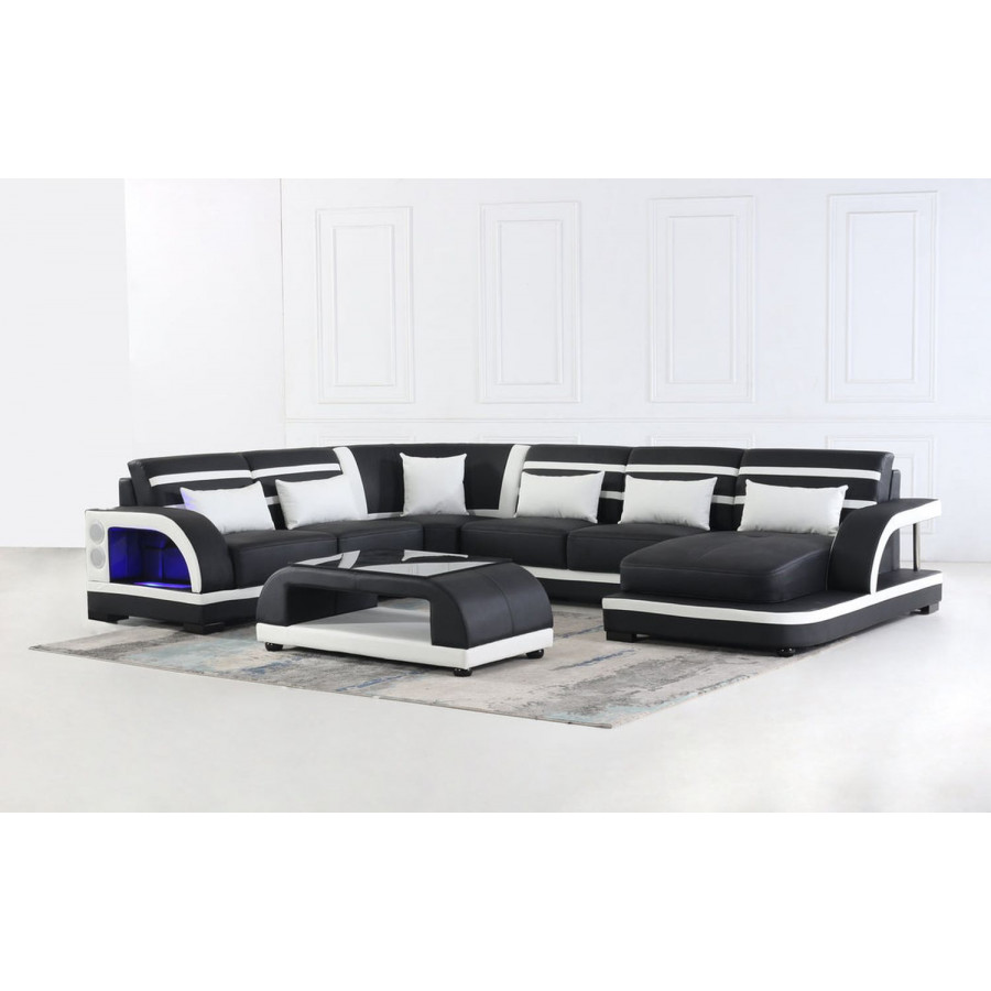 Jubilee Grando Modern Left Hand Facing Sectional with Leds - Black/White, Top Grain Leather