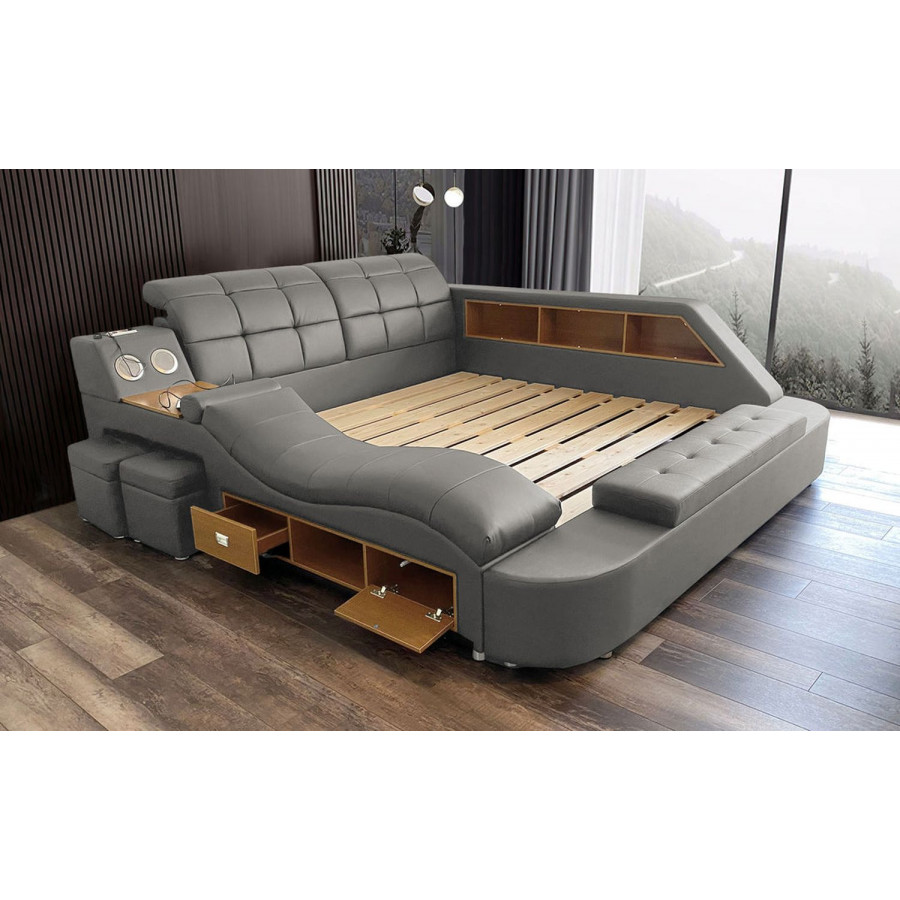 Jubilee Hariana Tech Smart Ultimate King Size Right Hand Facing Bed - Light Gray, Bonded Leather