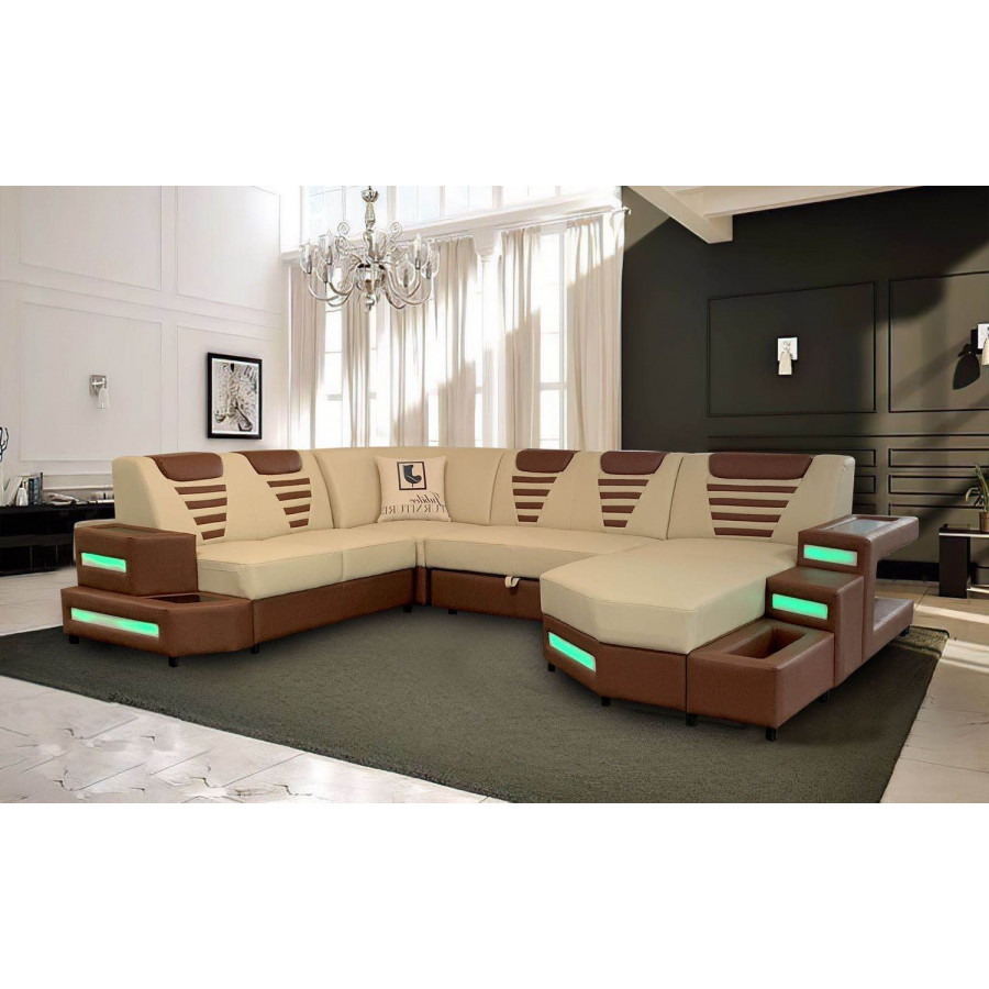 Jubilee Vega Modern U-Shape Right Hand Facing Sectional - Beige/Brown, Top Grain Leather