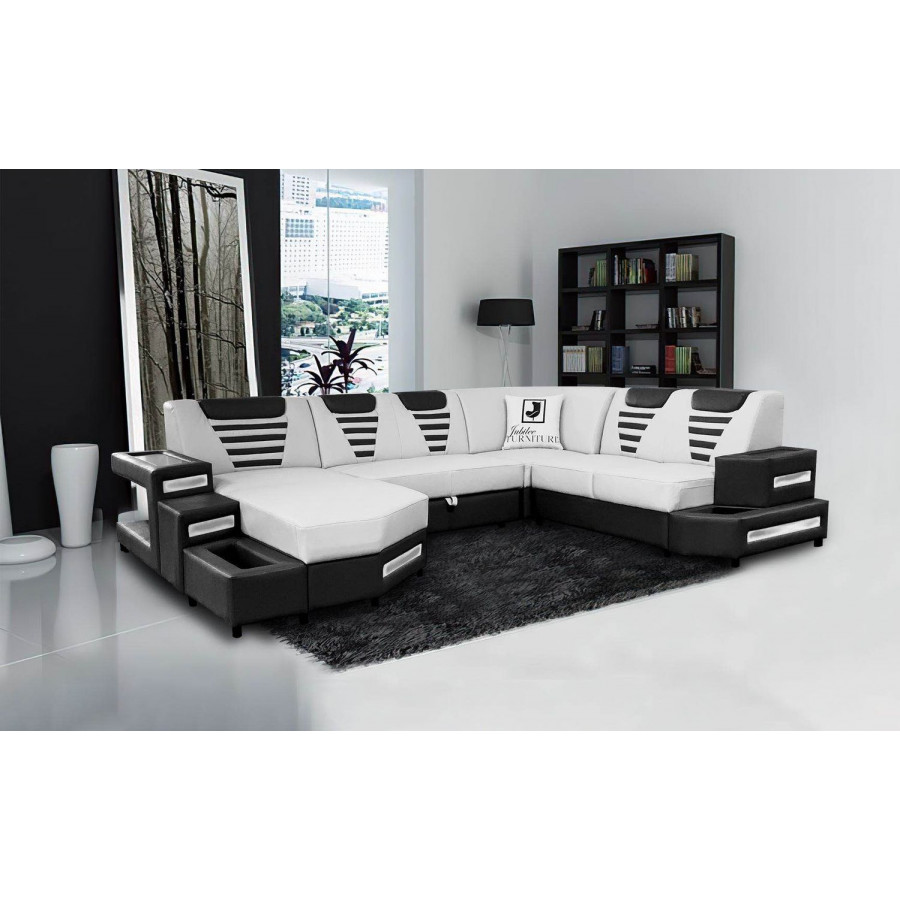 Jubilee Vega Modern U-Shape Left Hand Facing Sectional - White/Black, Bonded Leather