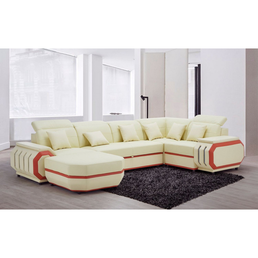 Jubilee Univo Modern Left Hand Facing Sectional with Leds - Beige/Orange, Top Grain Italian Leather