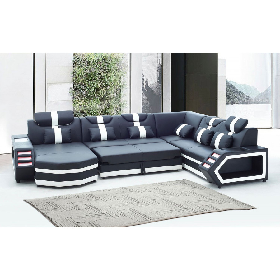 Jubilee Salvie Futuristic Right Hand Facing Sectional with Leds - Black/White, Bonded Leather
