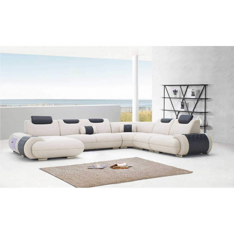 Jubilee Melanee Modern Right Hand Facing Sectional with Adjustable Headrest - Beige/Black, Bonded Leather