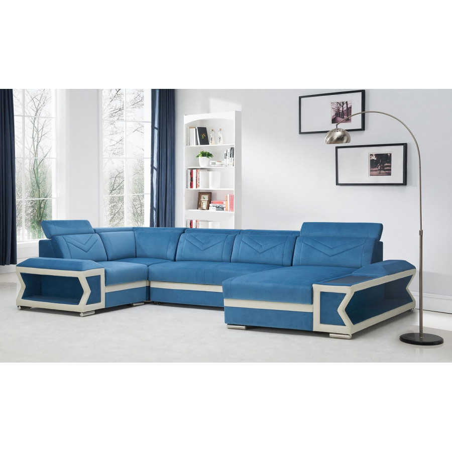 Jubilee Boancy Led Modern Left Hand Facing Sectional with Side Storage - Blue/Beige, Top Grain Italian Leather