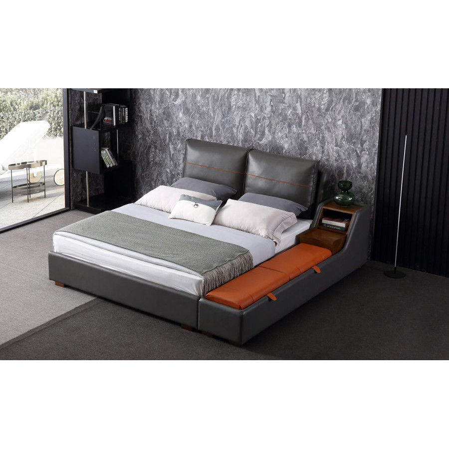 Jubilee Albion Modern Queen Size Right Hand Facing Bed with Storage - Dark Gray/Orange, Bonded Leather
