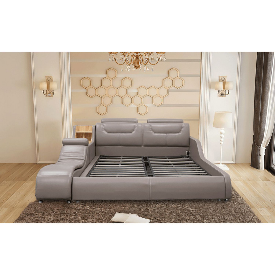 Jubilee Giamo King Size Left Hand Facing Bed with Chaise and Storage - Beige Gray, Top Grain Italian Leather